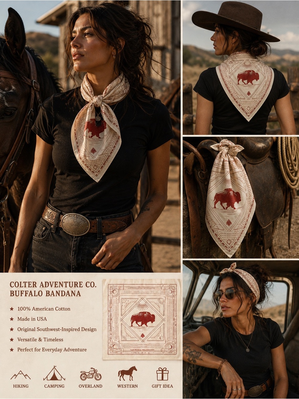 Colter Adventure Co. Buffalo Bandana -l/100% American Cotton/Made in the USA